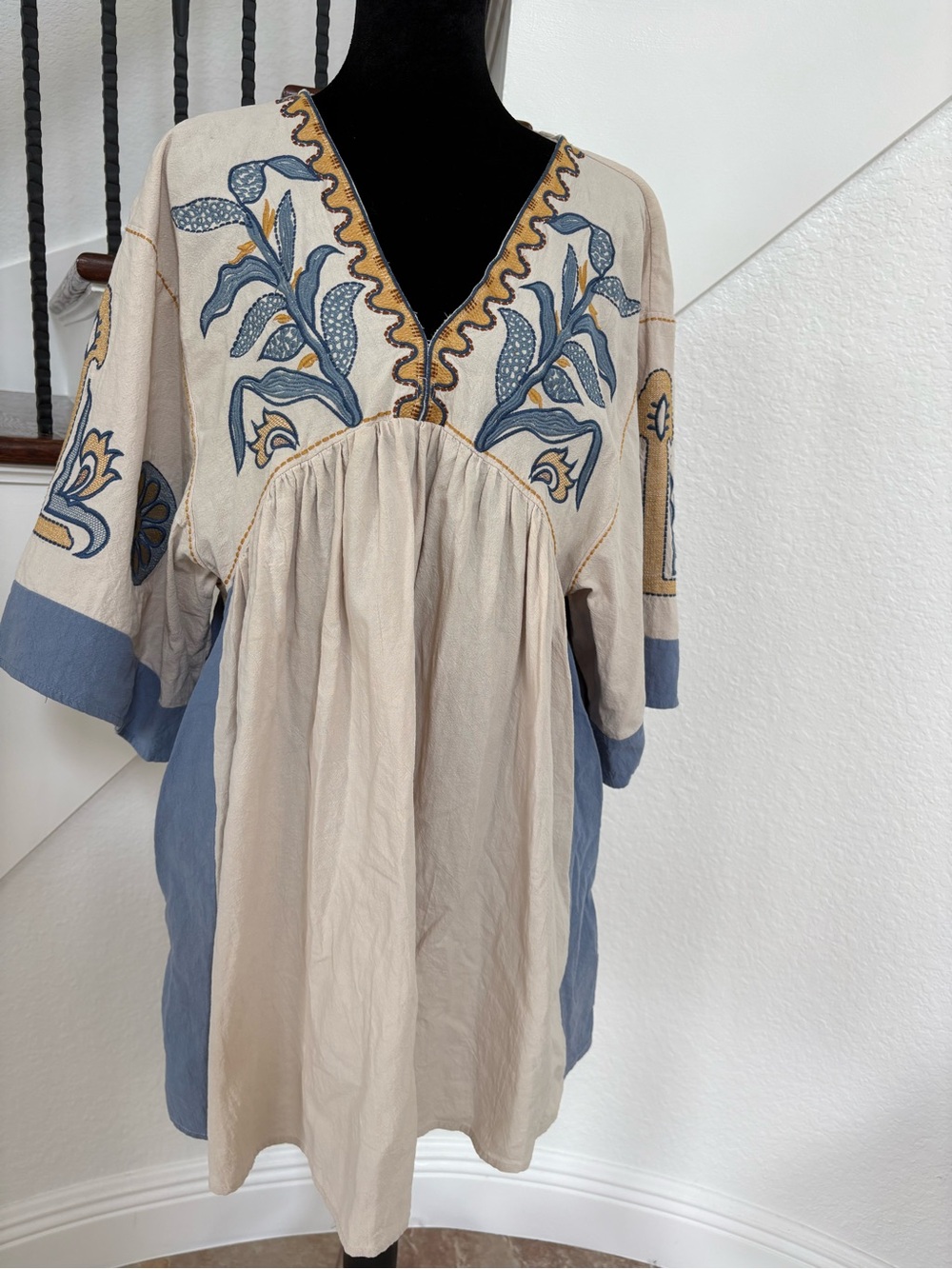 Boho Embroidered V-Neck Mini Dress in Beige and Blue